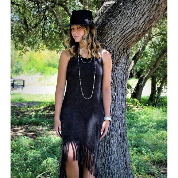 Blue Buttercup Mineral Washed Black Fringe Midi Dress New S-L KD81386 - Picture 2 of 6